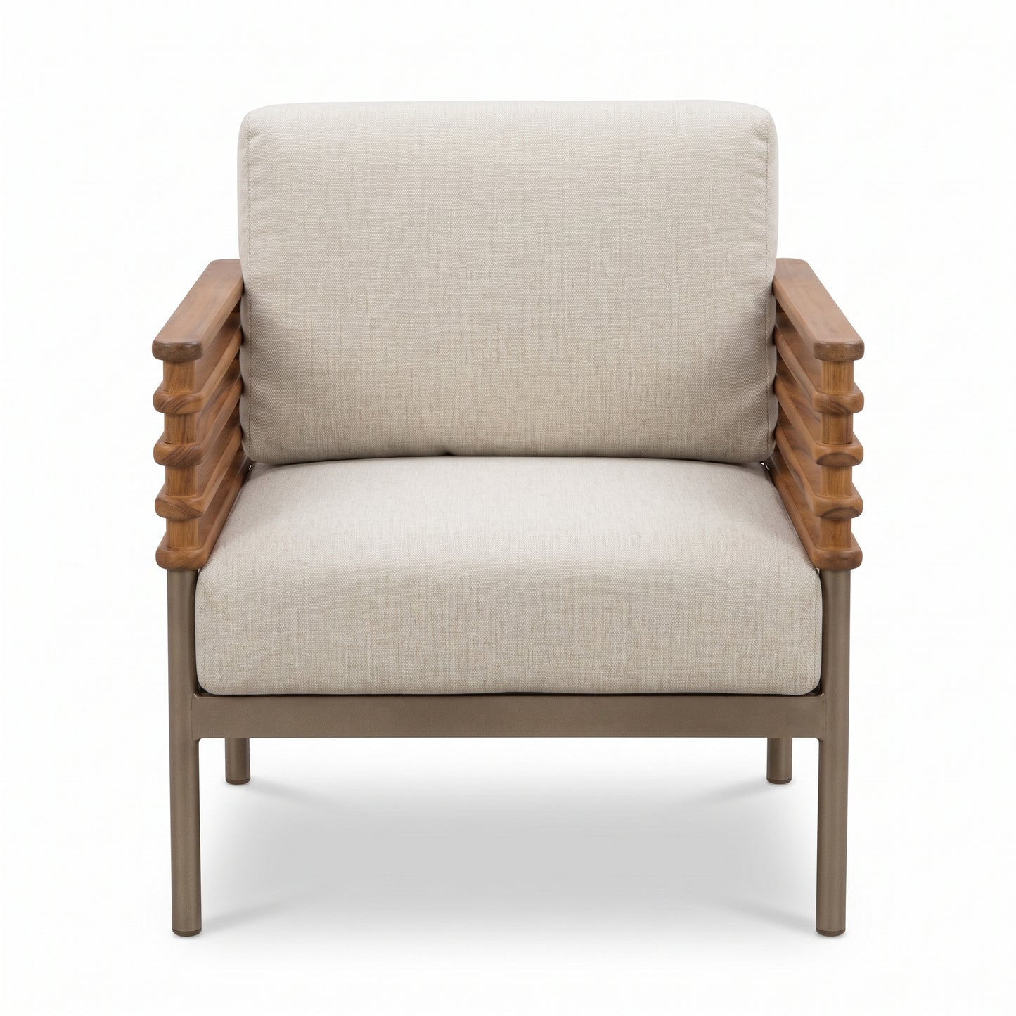 Pipe Outdoor Set - beech and iron outdoor sofa, two armchairs and coffee table on white background
