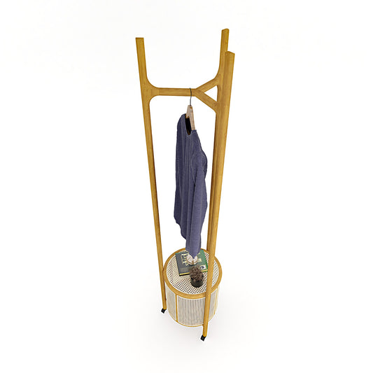 Round Cane & Beech Clothes Stand with Hidden Laundry Basket on Wheels – 200×45 cm