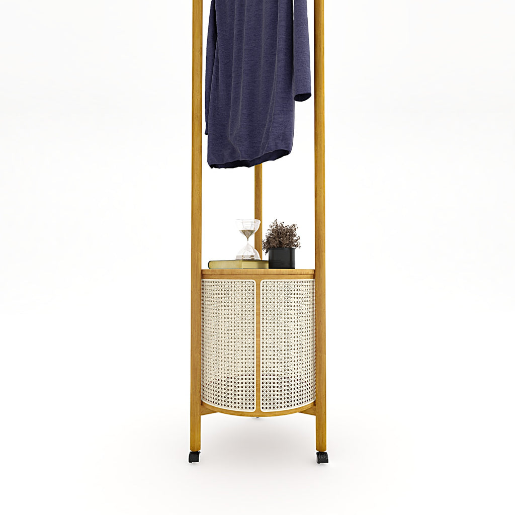 Round Cane & Beech Clothes Stand with Hidden Laundry Basket on Wheels – 200×45 cm