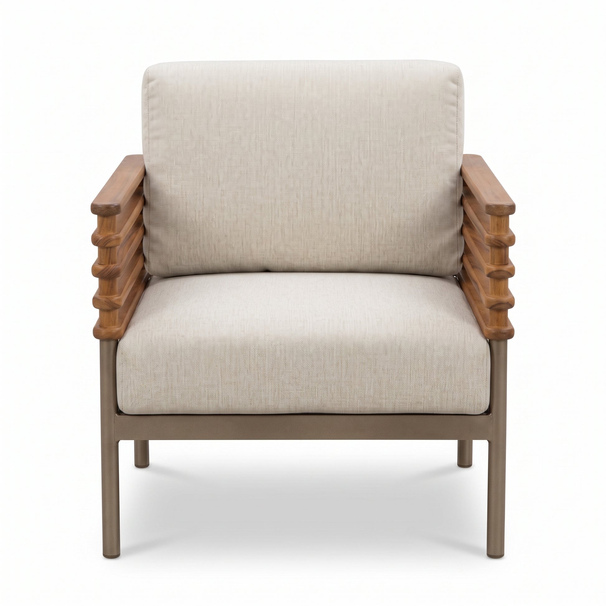 Pipe Outdoor Set - beech and iron outdoor sofa, two armchairs and coffee table on white background