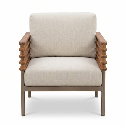 Pipe Outdoor Set - beech and iron outdoor sofa, two armchairs and coffee table on white background