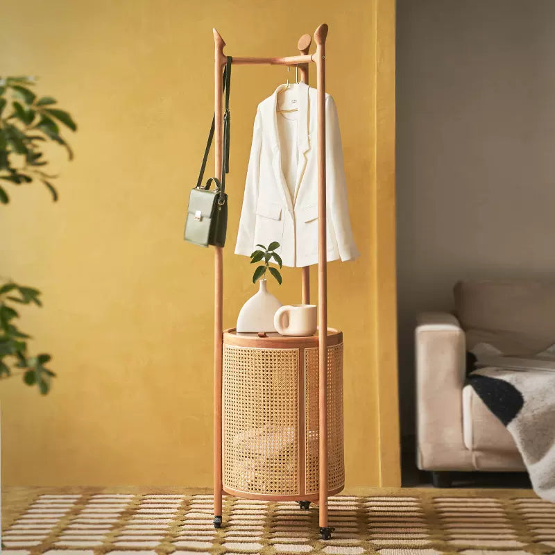 Round Cane & Beech Clothes Stand with Hidden Laundry Basket on Wheels – 200×45 cm