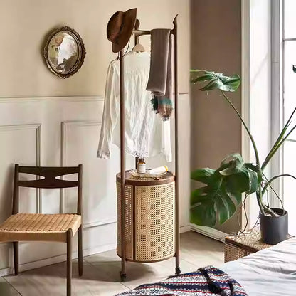 Round Cane & Beech Clothes Stand with Hidden Laundry Basket on Wheels – 200×45 cm