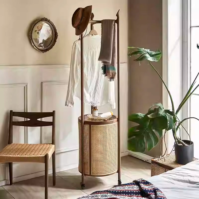 Round Cane & Beech Clothes Stand with Hidden Laundry Basket on Wheels – 200×45 cm
