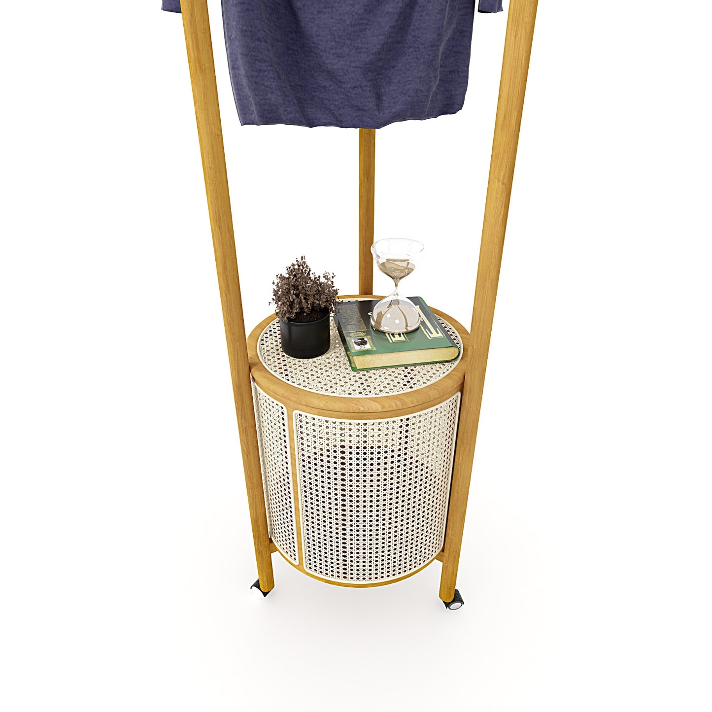 Round Cane & Beech Clothes Stand with Hidden Laundry Basket on Wheels – 200×45 cm