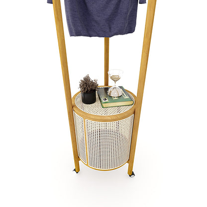 Round Cane & Beech Clothes Stand with Hidden Laundry Basket on Wheels – 200×45 cm