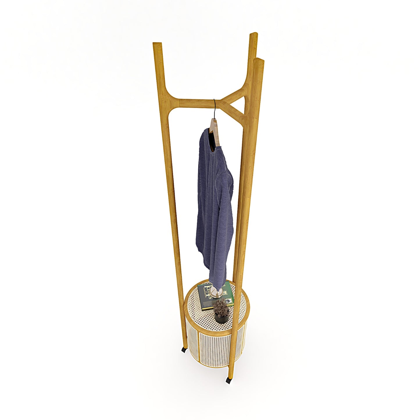 Round Cane & Beech Clothes Stand with Hidden Laundry Basket on Wheels – 200×45 cm