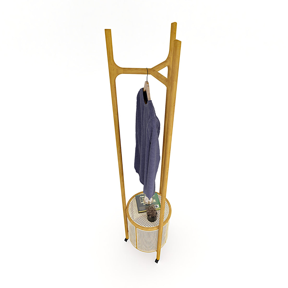 Round Cane & Beech Clothes Stand with Hidden Laundry Basket on Wheels – 200×45 cm