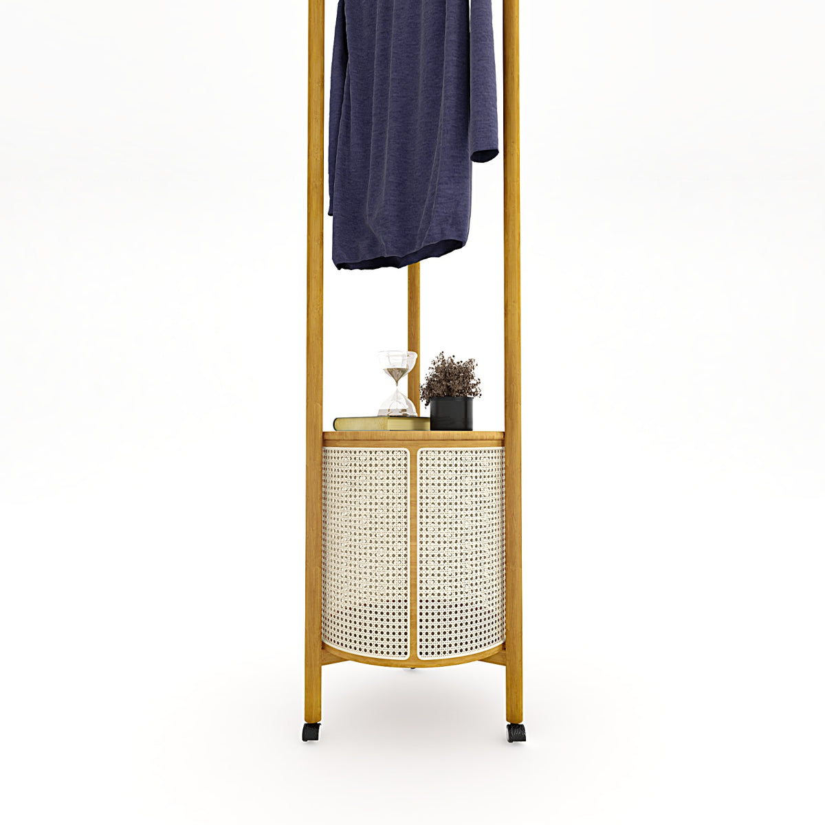 Round Cane & Beech Clothes Stand with Hidden Laundry Basket on Wheels – 200×45 cm