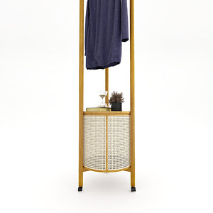 Round Cane & Beech Clothes Stand with Hidden Laundry Basket on Wheels – 200×45 cm