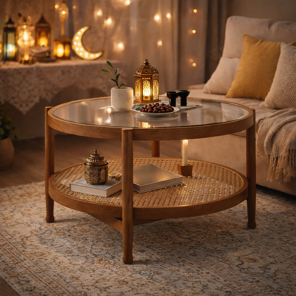 Dally wooden coffee table in an evening living room