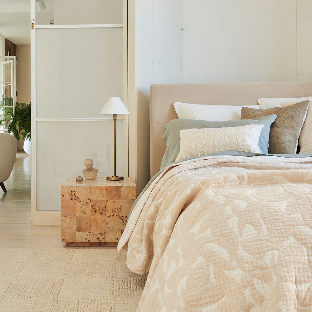Bedroom with burl wood nightstand