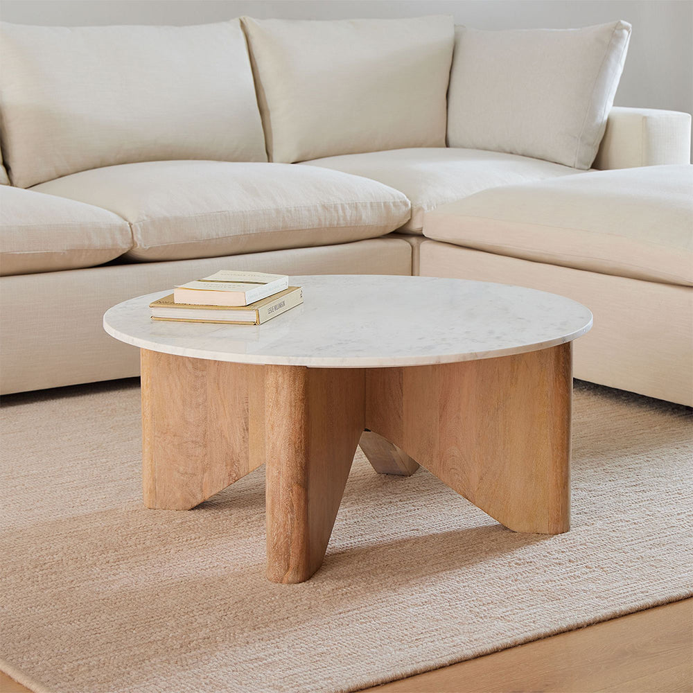 Round oak coffee table with marble top
